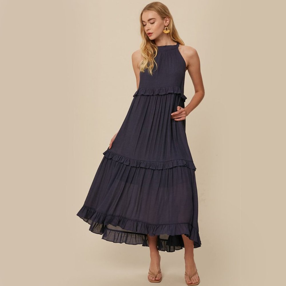 Listicle Halter Ruffle Pocket Maxi Long Dress